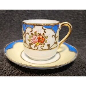 Occupied Japan Rose Demitasse Tea Cup & Saucer Ardalt Gold Beaded Accents Blue